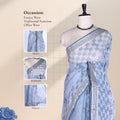 Bengal Cotton Saree With Floral Woven Motifs, Checked Pattern And Striped Border In Grey Front Draped View