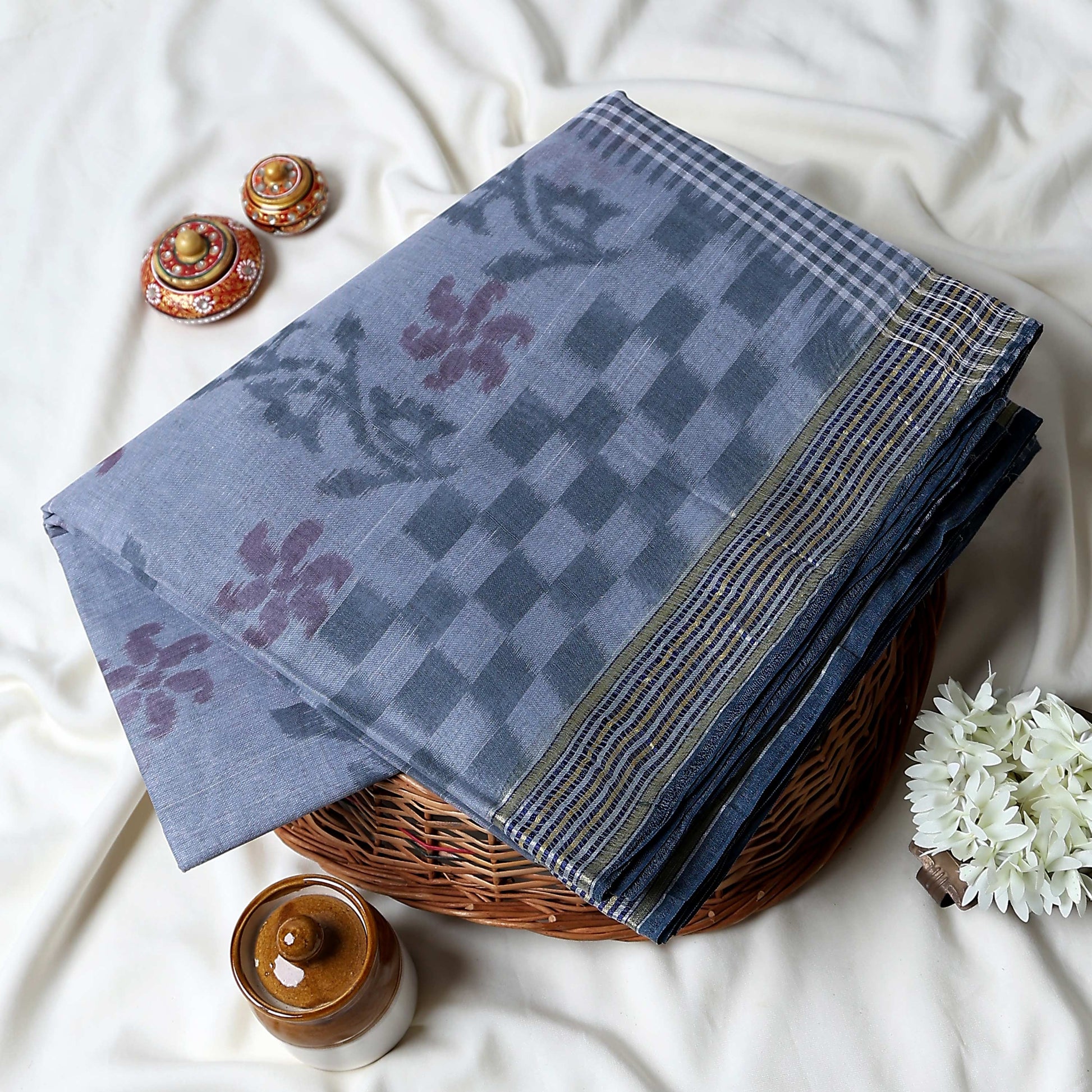 Bengal Cotton Saree With Floral Woven Motifs, Checked Pattern And Striped Border In Grey Top Folded View