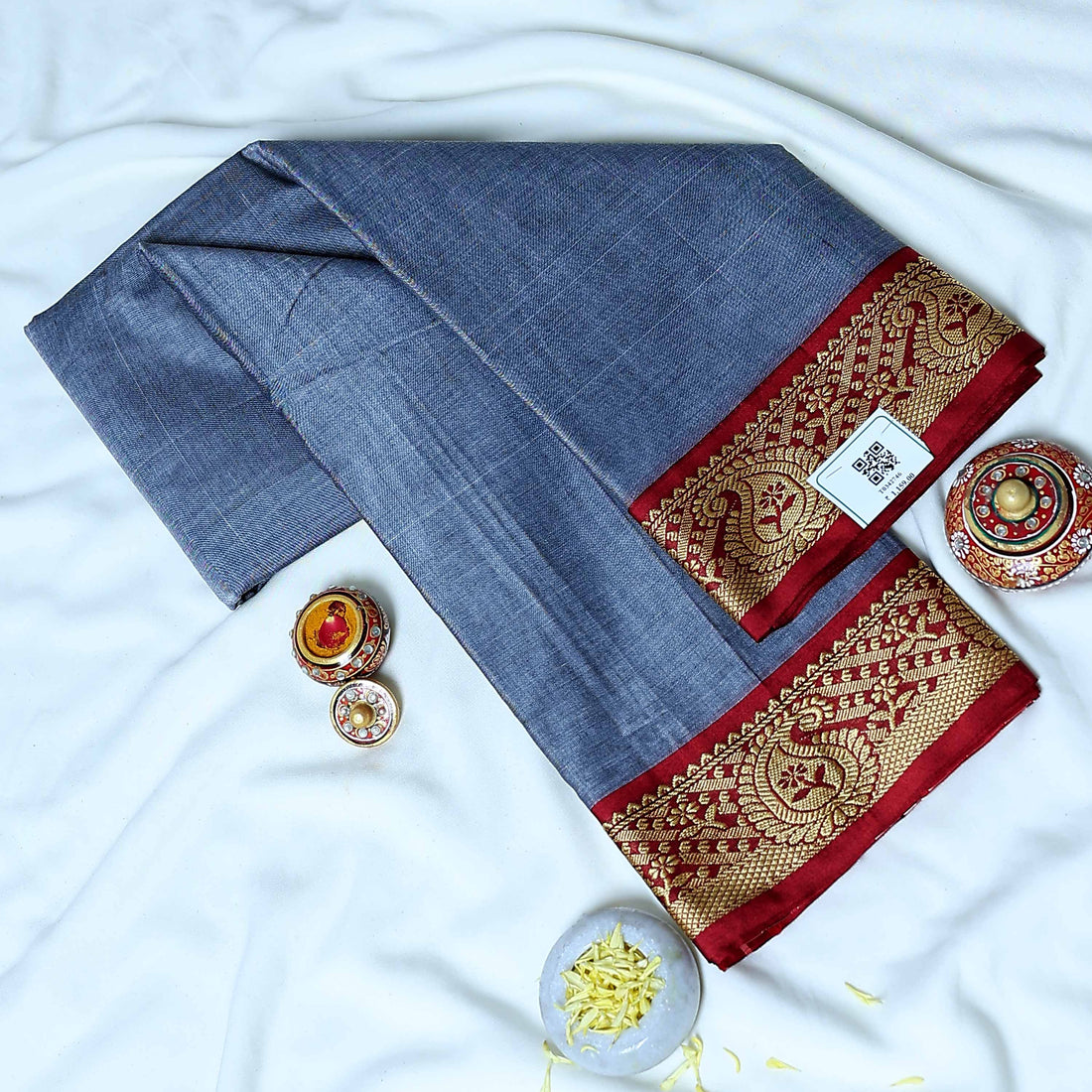 Grey Mangalagiri Cotton Saree for Women | Festive Summer Collection | Jeyachandran - Full View
