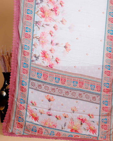 Elegant Georgette Saree with Intricate Floral Embroidery and Traditional Patterned Border - Cream