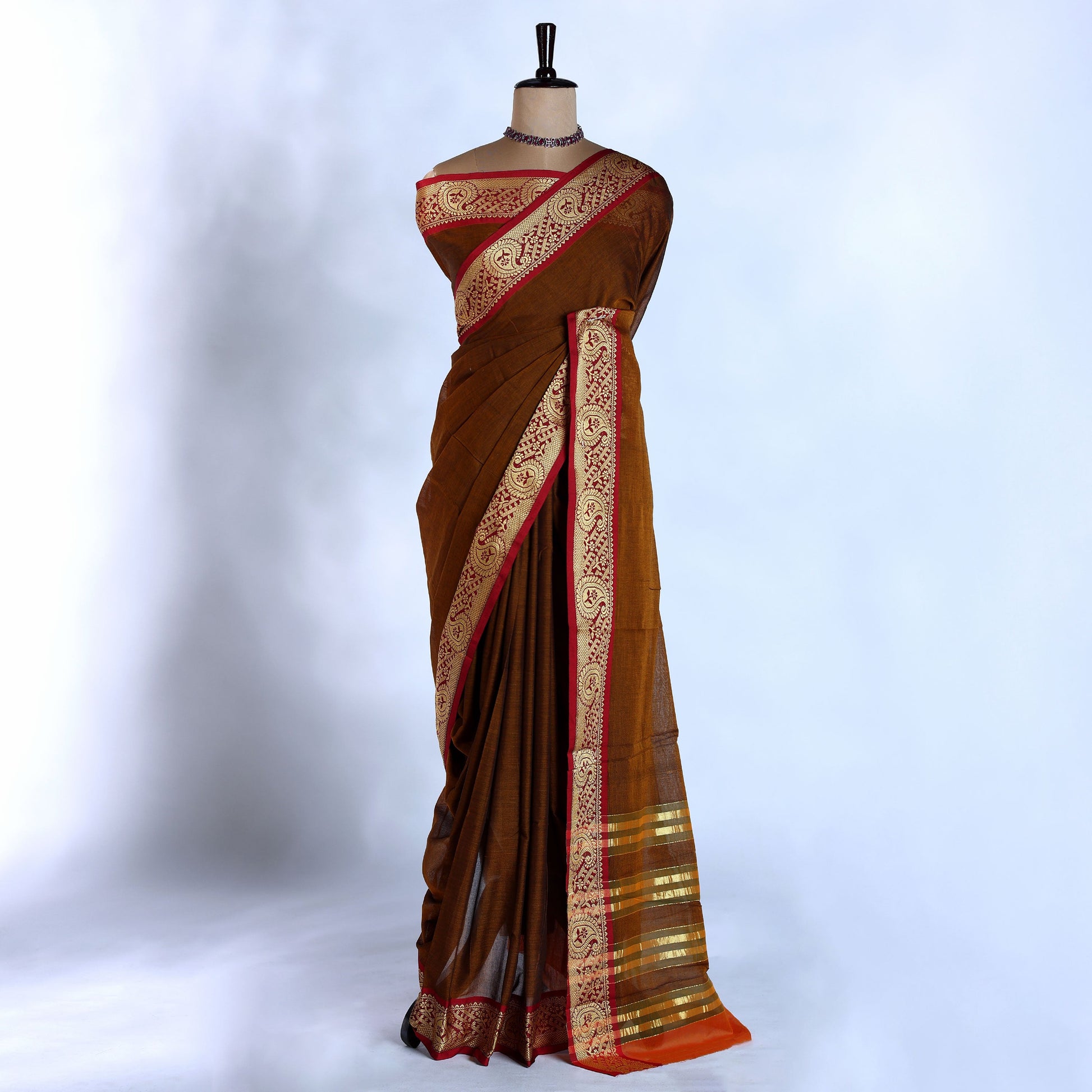Traditional Brown Mangalagiri Cotton Saree with Plain Body and Paisley Floral Zari Border Design - Full View