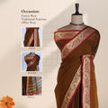 Brown Mangalagiri Cotton Saree With Ornate Gold Zari Border And Red Contrast Edge -  Draped Front View