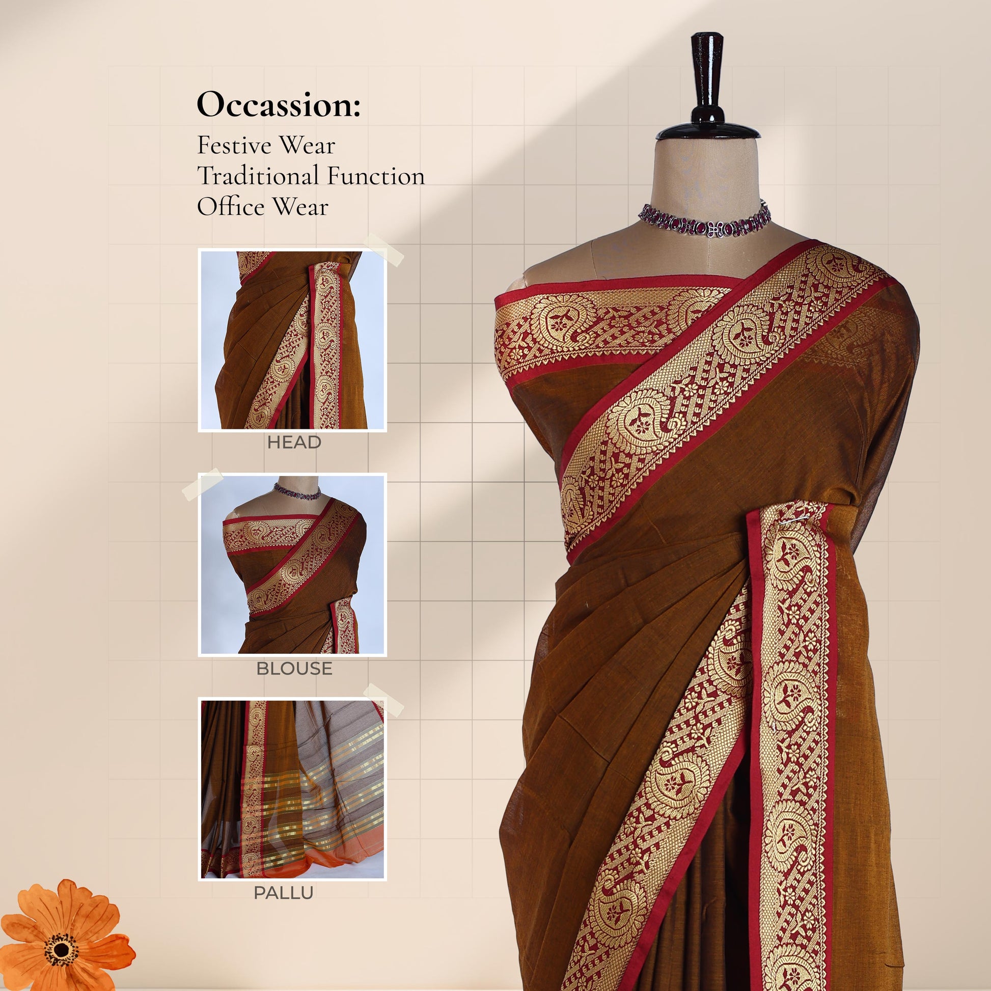 Brown Mangalagiri Cotton Saree With Ornate Gold Zari Border And Red Contrast Edge -  Draped Front View