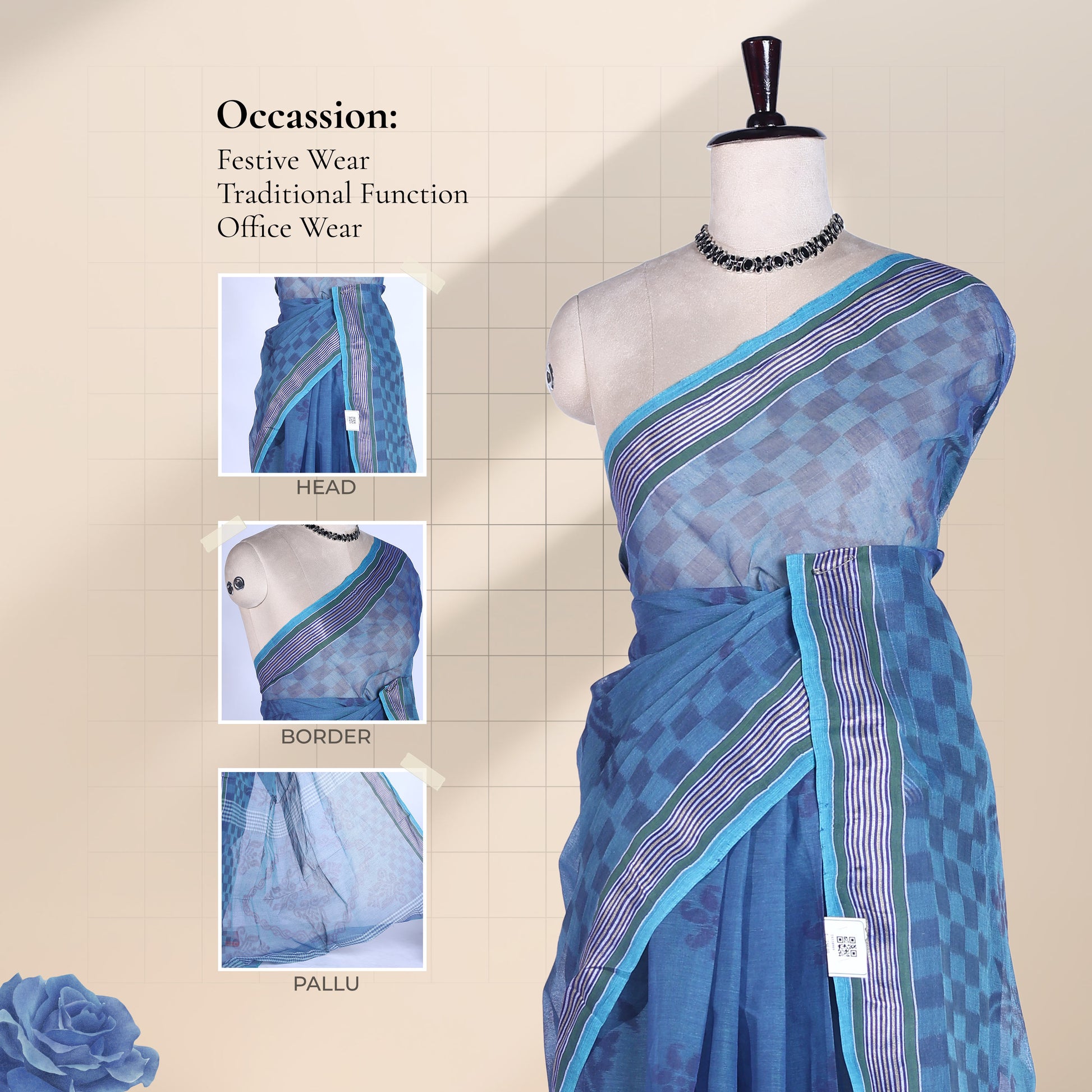 Bengal Cotton Saree With Floral Woven Motifs, Checked Pattern And Striped Border In Dark Blue Front Draped View