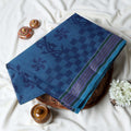 Bengal Cotton Saree With Floral Woven Motifs, Checked Pattern And Striped Border In Dark Blue Top Folded View
