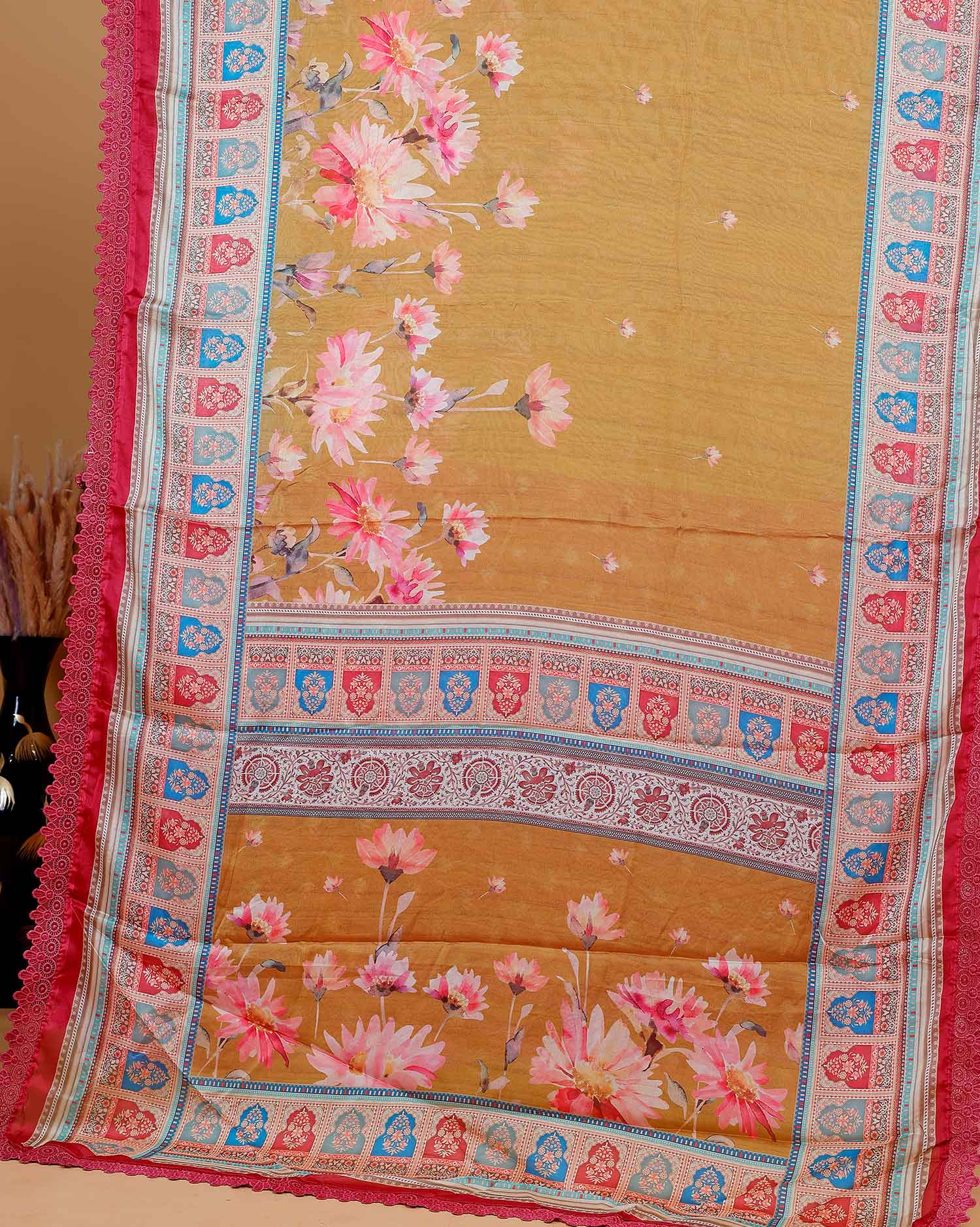 Elegant Georgette Saree with Intricate Floral Embroidery and Traditional Patterned Border - Mustard