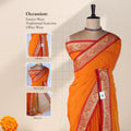 Light Orange Mangalagiri Cotton Saree With Ornate Gold Zari Border And Red Contrast Edge -  Draped Front View