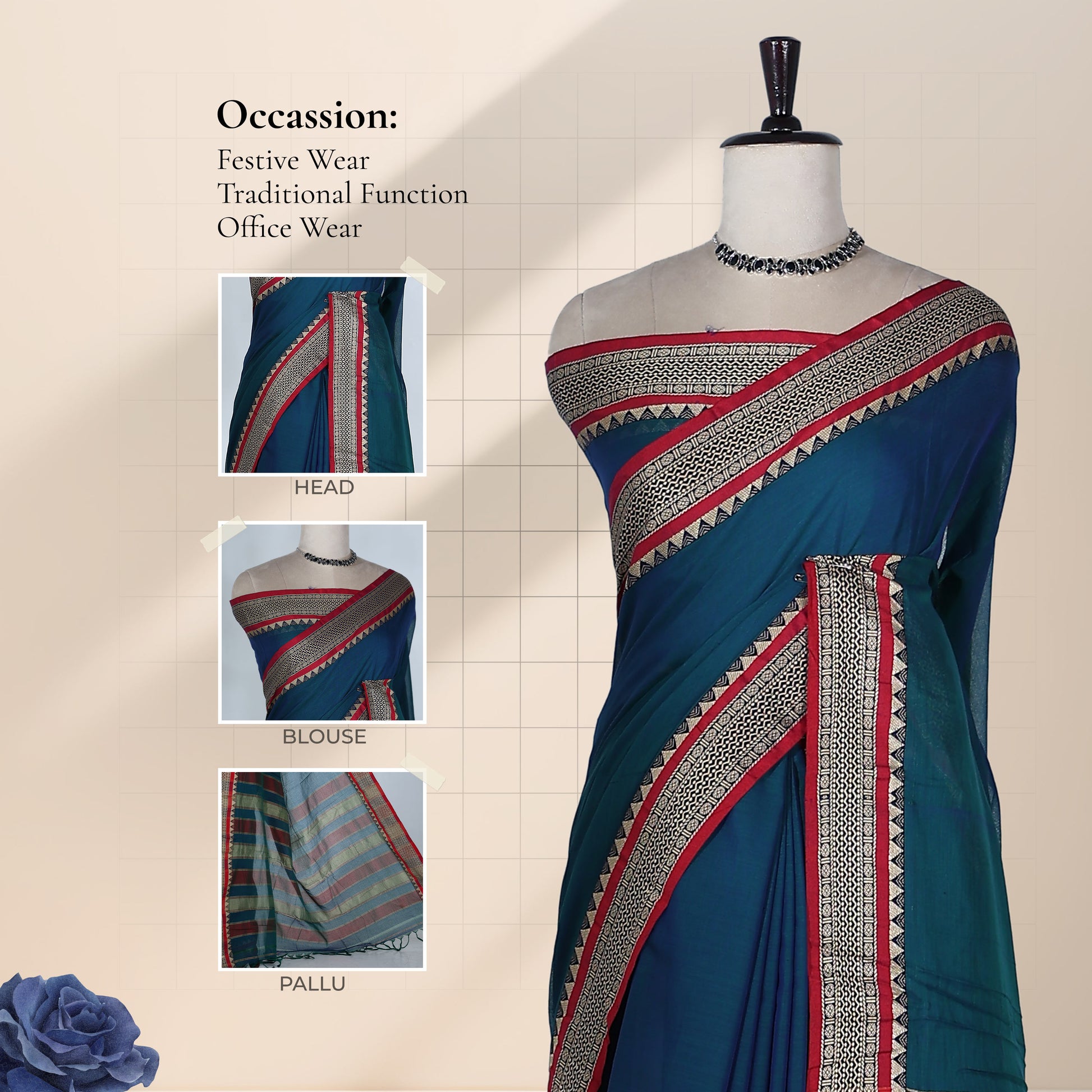 Teal Mangalagiri Cotton Saree With Traditional Woven Border And Striped Pallu-Front View 