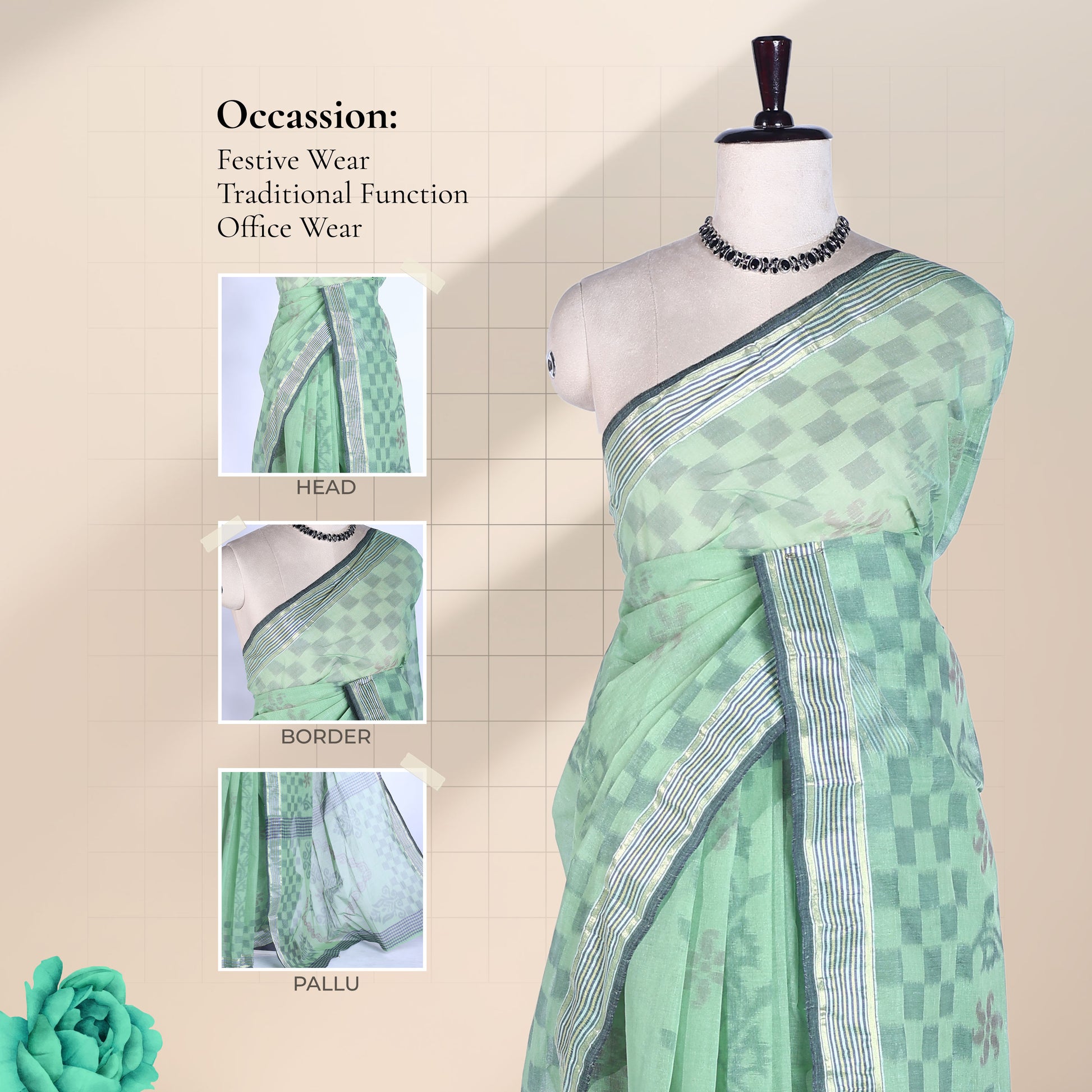 Bengal Cotton Saree With Floral Woven Motifs, Checked Pattern And Striped Border In Green Front Draped View