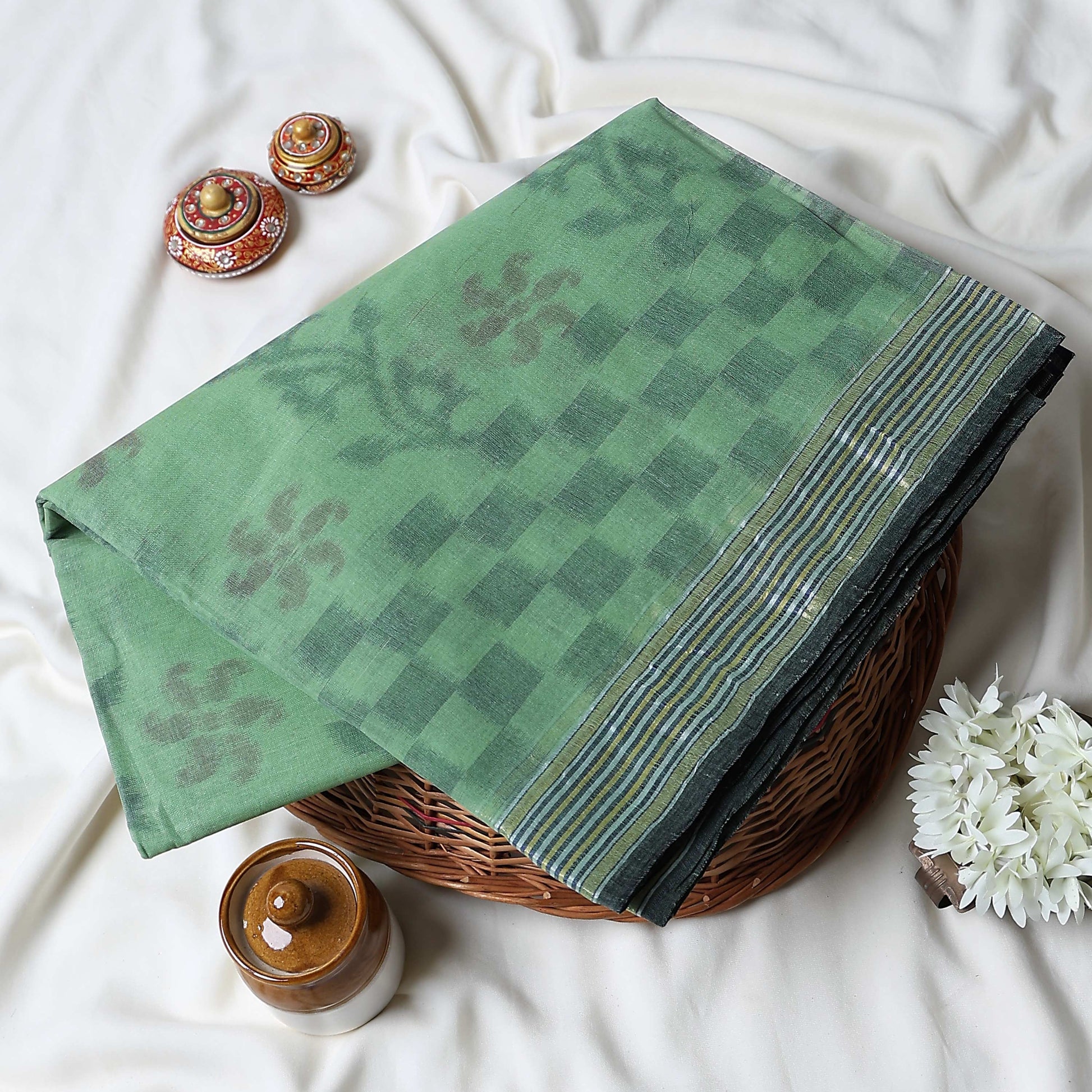 Bengal Cotton Saree With Floral Woven Motifs, Checked Pattern And Striped Border In Green Top Folded View