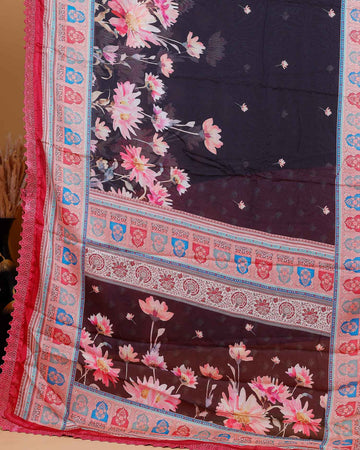 Stylish Georgette Saree with Bold Floral Prints and Traditional Patterned Border - Black