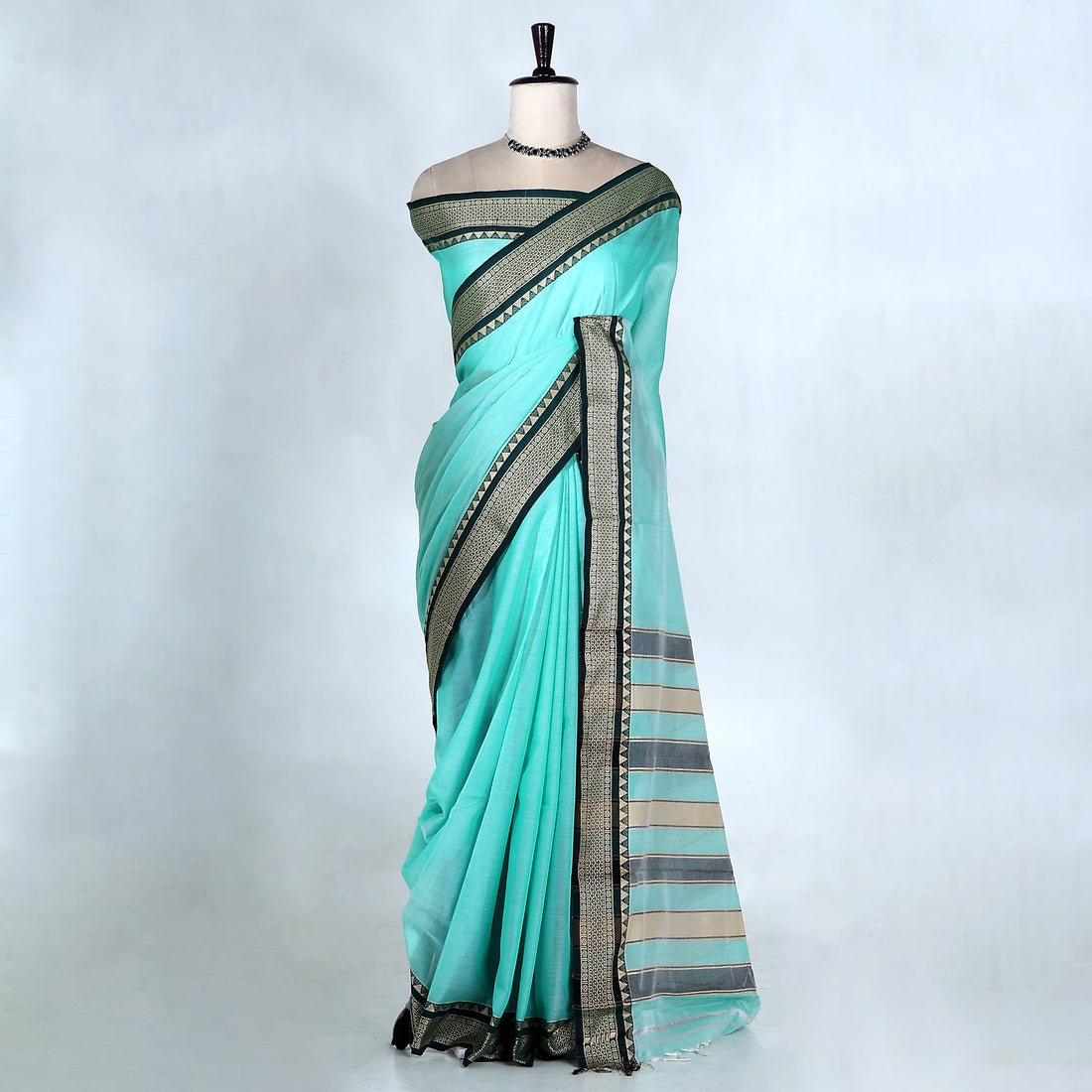 Aqua Blue Mangalagiri Cotton Saree for Women | Festive Summer Collection | Jeyachandran - Full View
