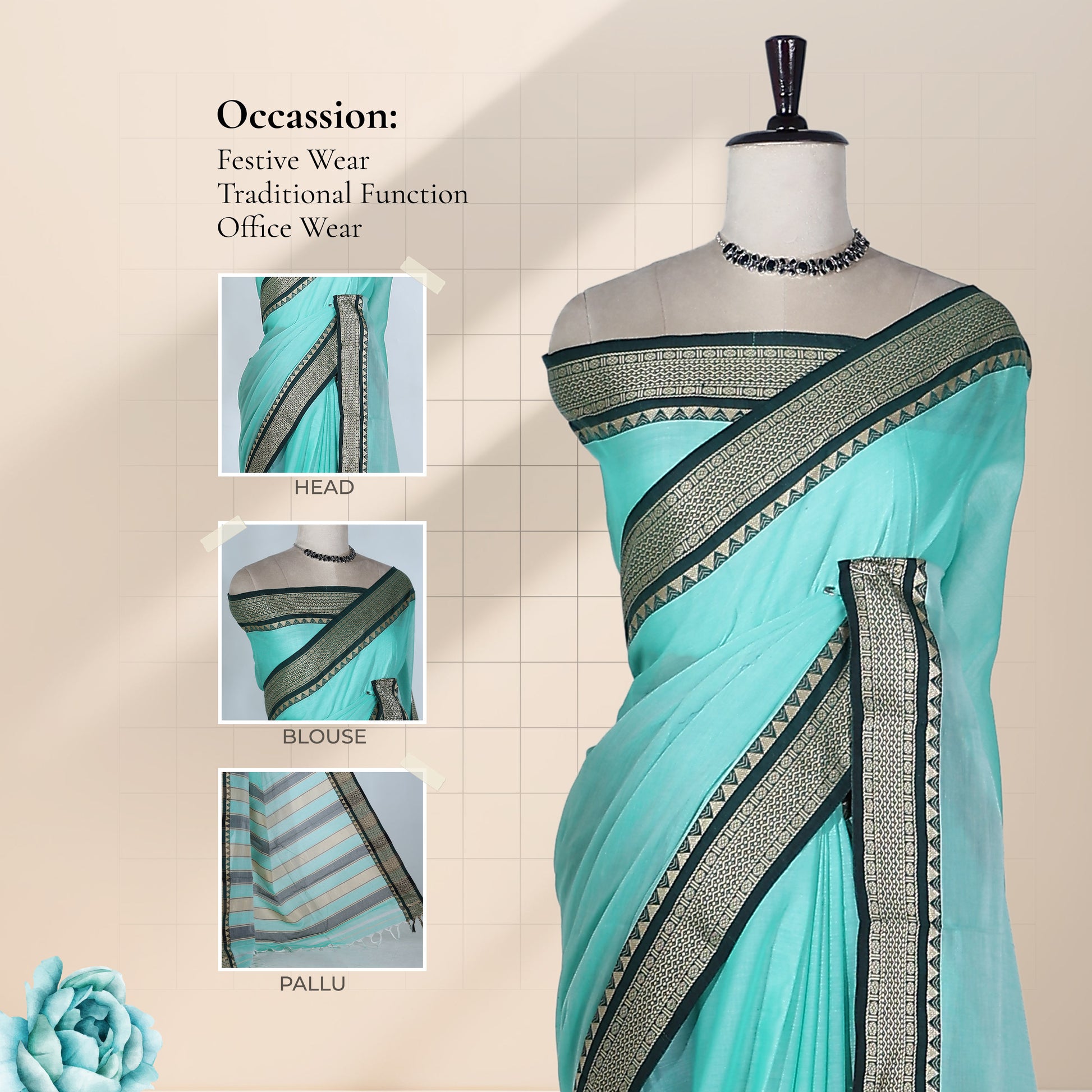 Aqua Blue Mangalagiri Cotton Saree With Traditional Woven Border And Striped Pallu-Front View 