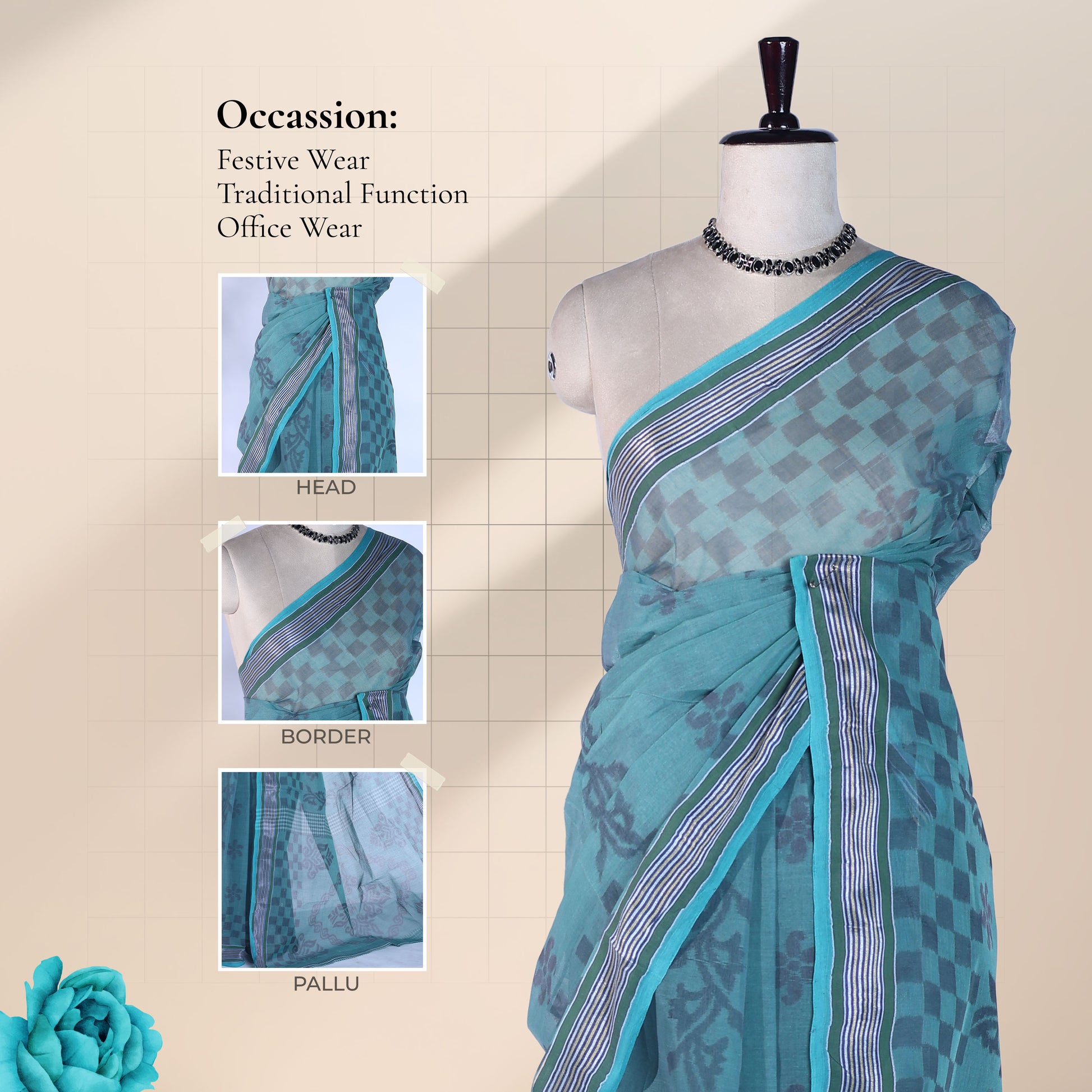 Bengal Cotton Saree With Floral Woven Motifs, Checked Pattern And Striped Border In Light Teal Front Draped View