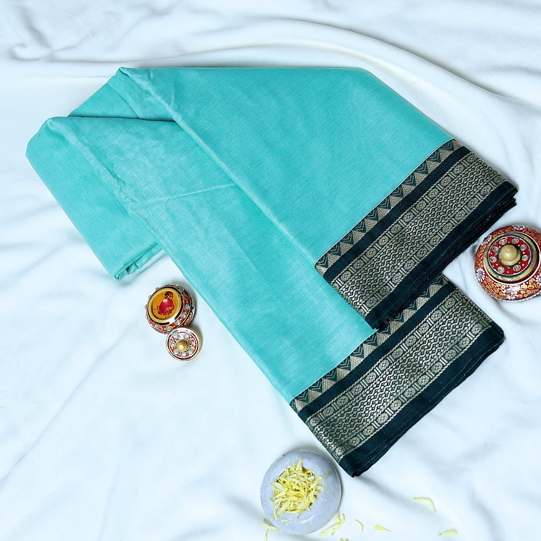 Aqua Blue Mangalagiri Cotton Saree for Women | Festive Summer Collection | Jeyachandran - Full View