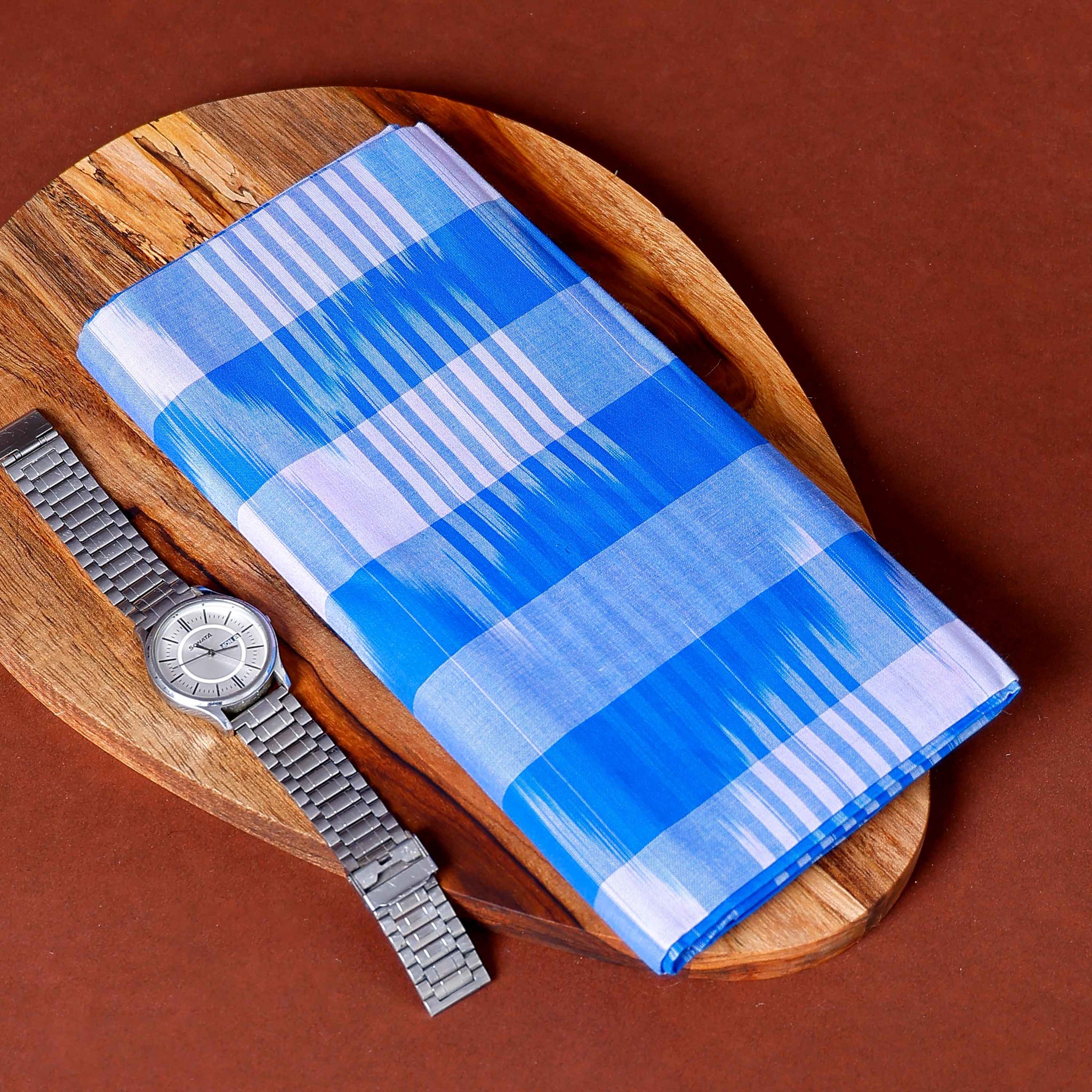 Nandu Brand Men's Premium Cotton Striped Lungi Stitched -Blue