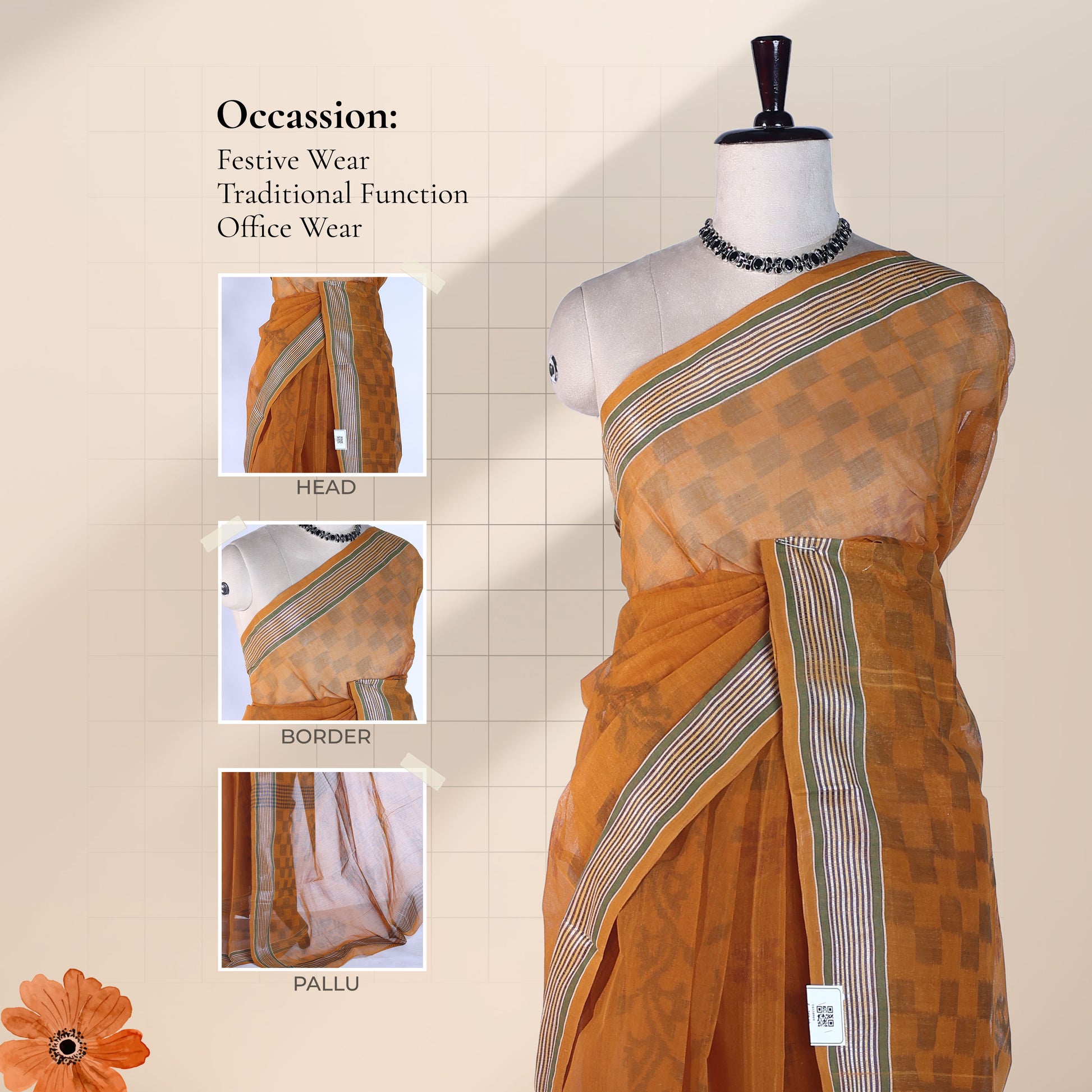 Bengal Cotton Saree With Floral Woven Motifs, Checked Pattern And Striped Border In Dark Orange Front Draped View