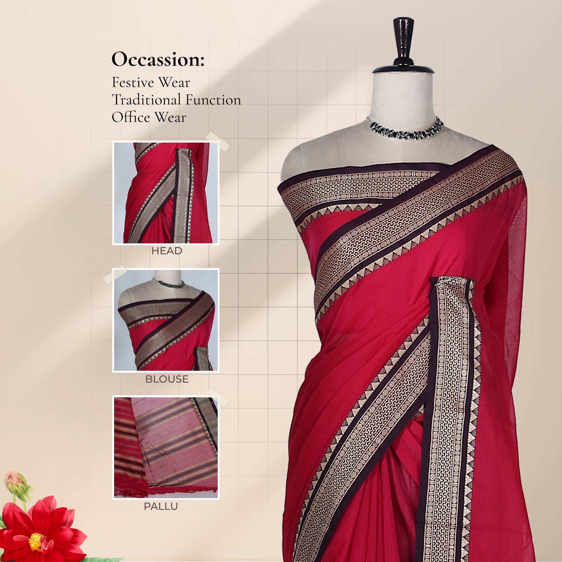 Light Red Mangalagiri Cotton Saree With Traditional Woven Border And Striped Pallu-Front View 