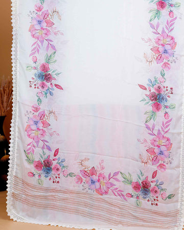 Elegant Georgette Saree with Vibrant Floral Border Prints and Delicate Lace Edging - Cream