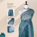 Bengal Cotton Saree With Floral Woven Motifs, Checked Pattern And Striped Border In Teal Front Draped View
