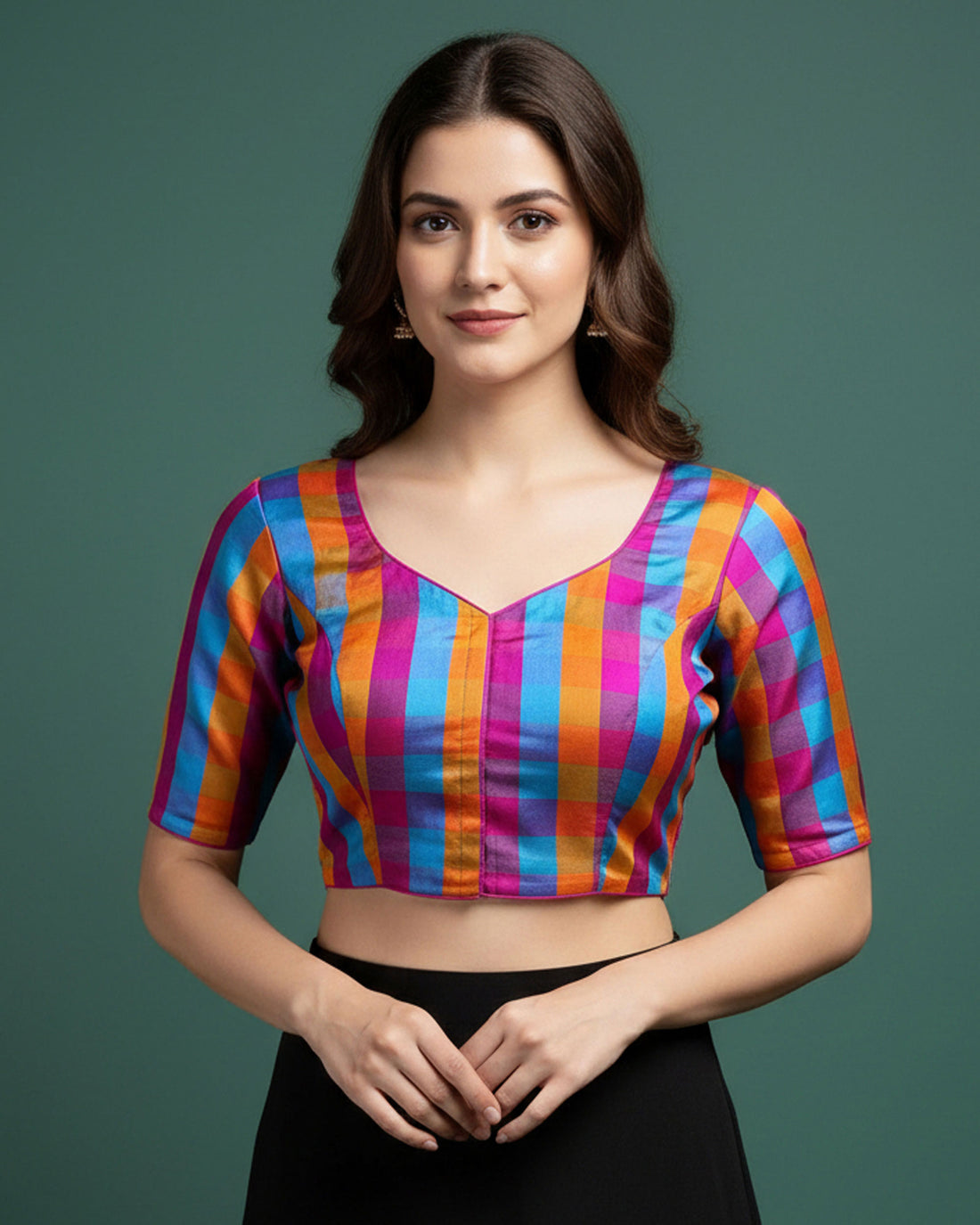 Women's Traditional Checked 1 Meter Blouse Material with Soft Finish - Multi