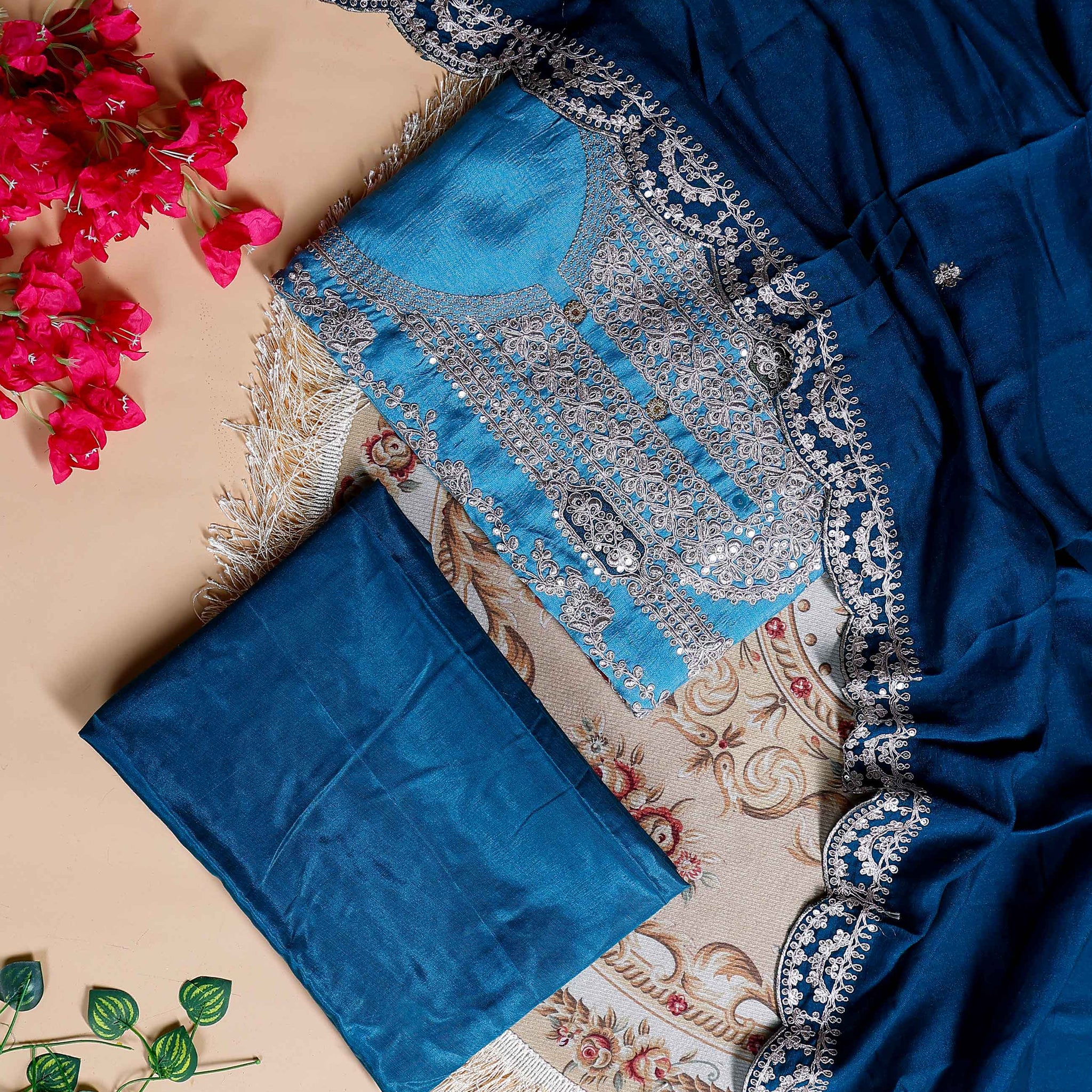 Women's Embroidered Unstitched Salwar Suit Material with Sequins and Scalloped Dupatta Border- Blue