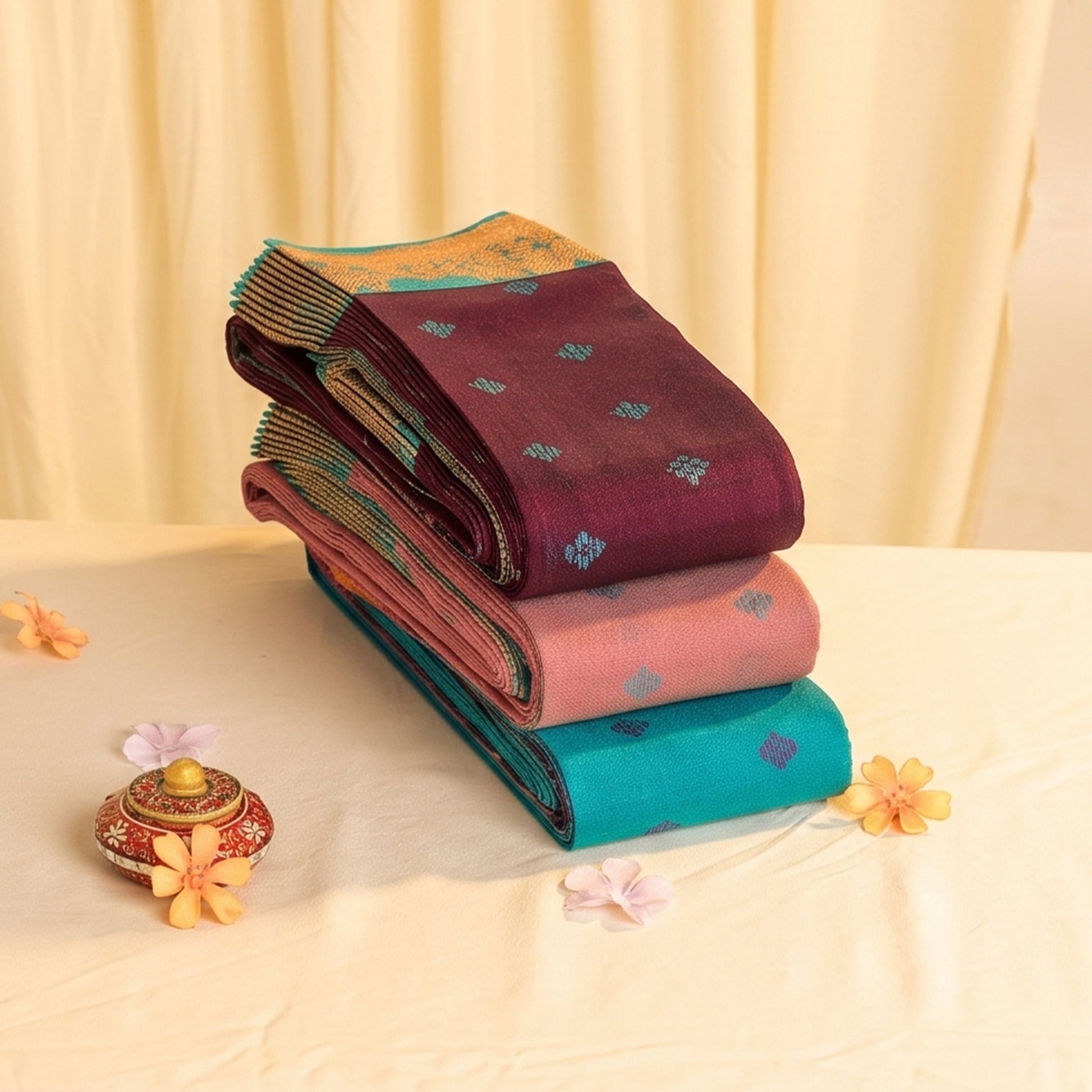 Elampillai silk cotton saree with small butta motifs and contrast zari border in folded stack close up display view.