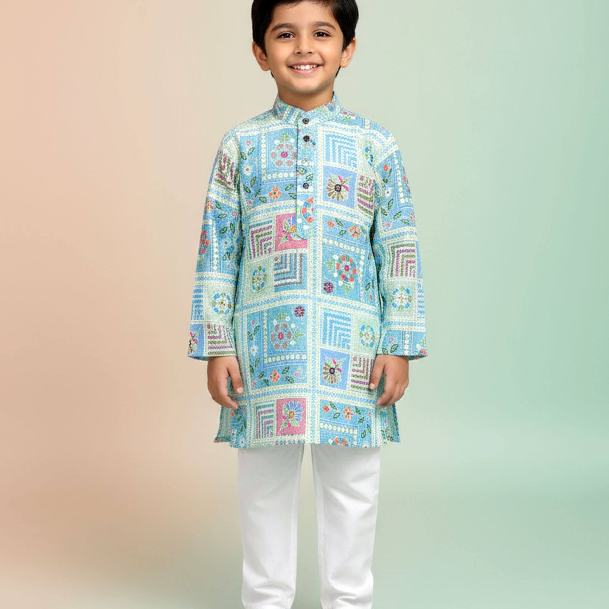 Boys Festive  Aqua Blue Kurta Set with Multicolor Geometric Floral Patch Print