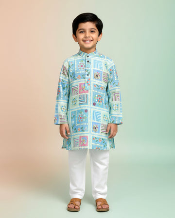 Boys Festive  Aqua Blue Kurta Set with Multicolor Geometric Floral Patch Print