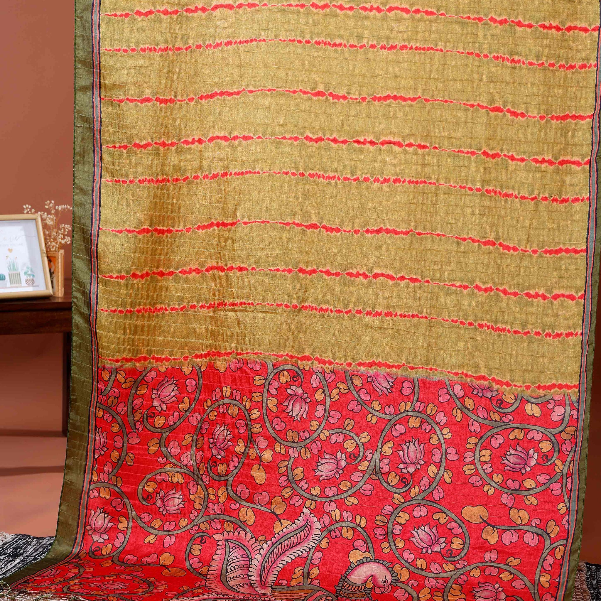 Elegant Semi Tussar Silk Saree with Intricate Floral Patterns and Textured Stripes - Olive Green