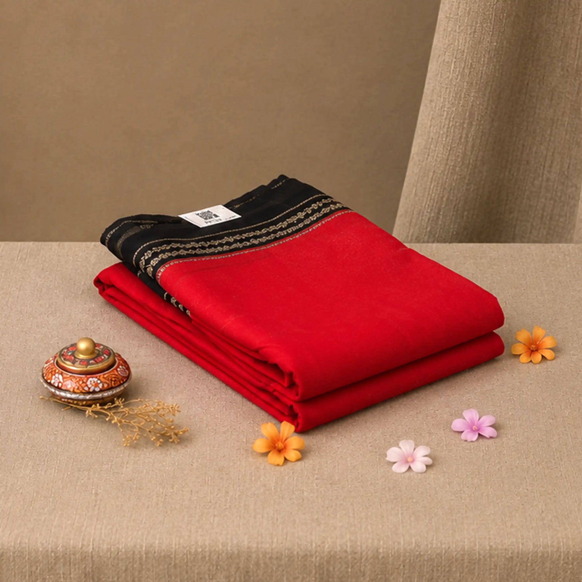 A folded red semi mysore silk saree with  black band with gold embroidery runs across the top edge, and a white tag is attached.