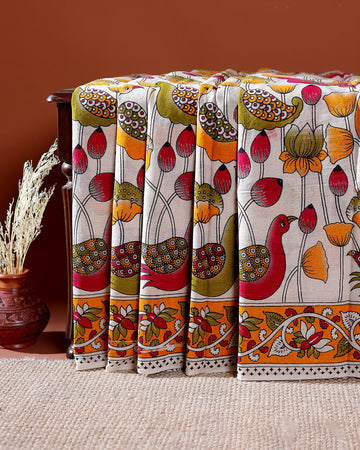 Traditional Handloom Kalamkari Cotton Saree with Intricate Floral and Avian Motifs - Off White