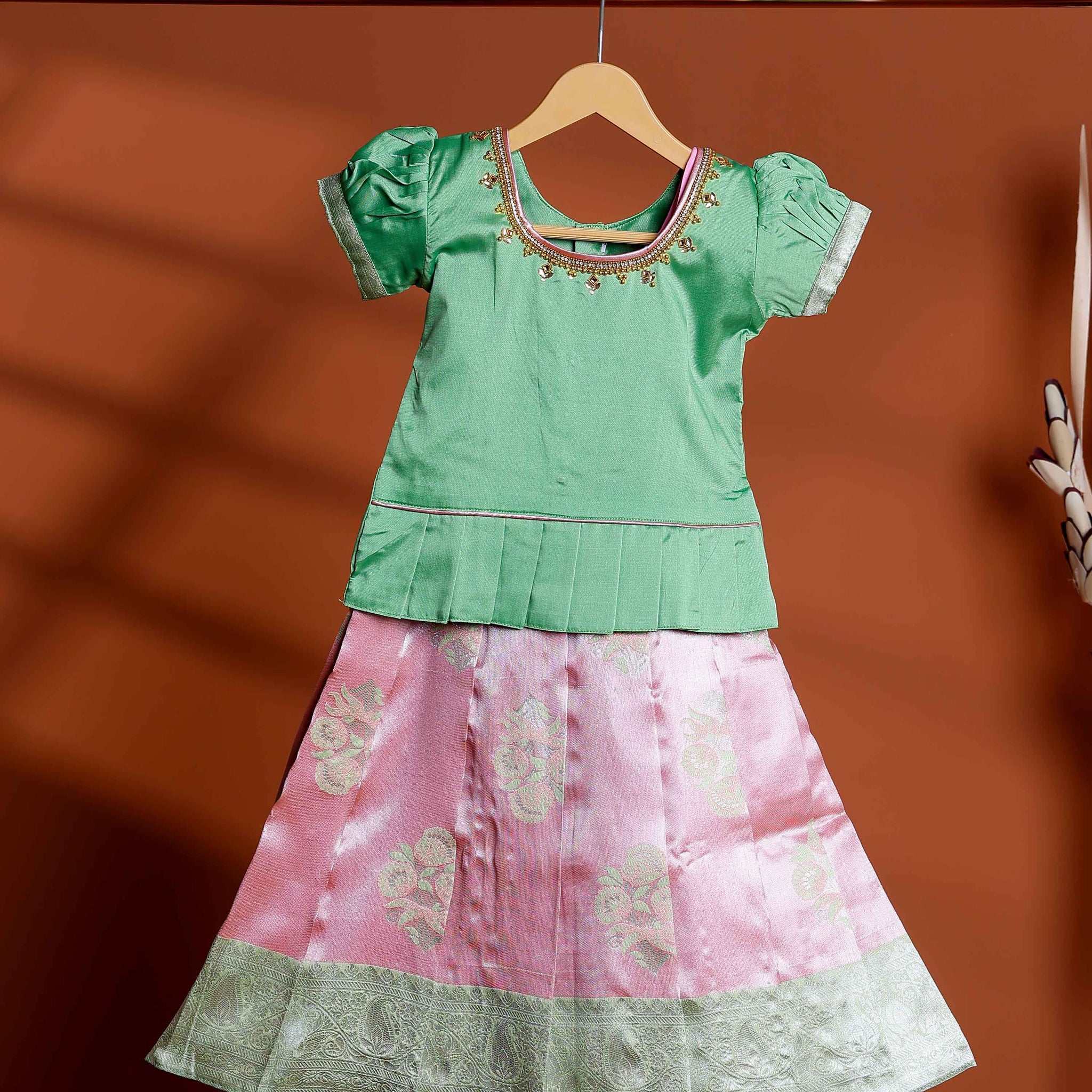 Elegant Kids Readymade Pattu Pavadai with Floral Zari Skirt and Pleated Blouse - Green