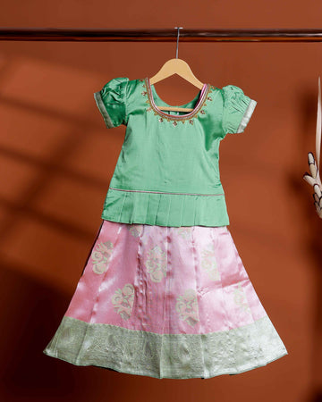 Elegant Kids Readymade Pattu Pavadai with Floral Zari Skirt and Pleated Blouse - Green