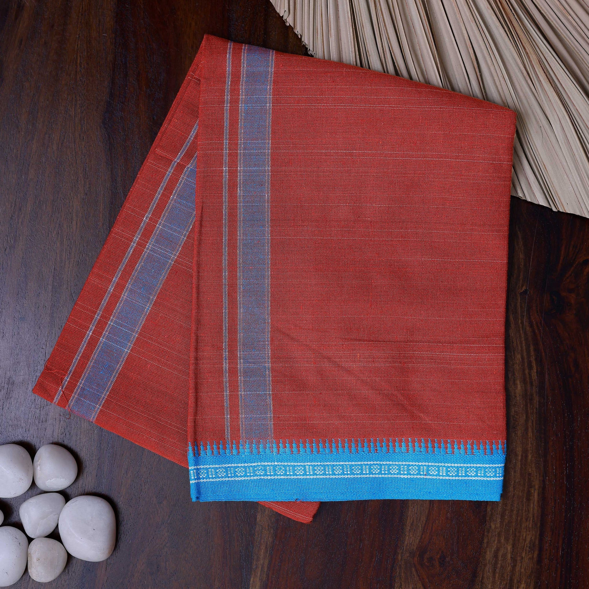 Men's Traditional Cotton Dhoti with Striped Blue Border and Contrast  - Red