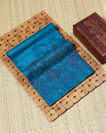 Traditional Hand Embroidered Floral Design Women’s Blouse Material with Artisan Stitch Work Border - Teal Blue