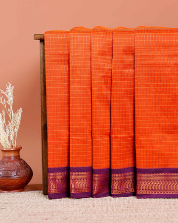 Traditional Kalyani Cotton Saree with All-Over Checks and Ornate Zari Pallu and Border - Orange