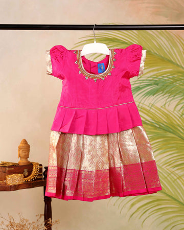 Kids Pattu Pavadai Readymade a Traditional Ethnic Gown with a Zari Border & Puff Sleeves  - Pink