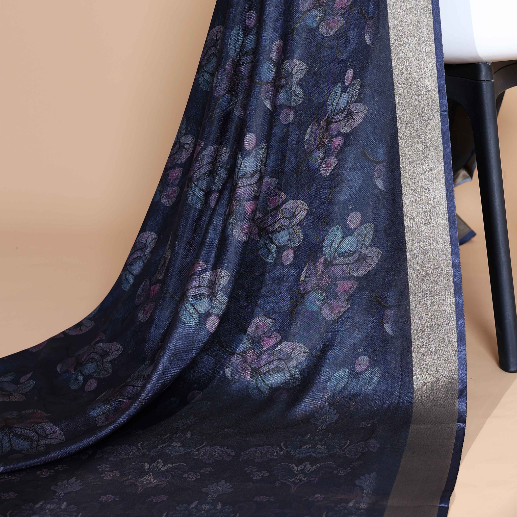 Navy Blue Art Silk Saree with Intricate Floral and Geometric Weave Pattern