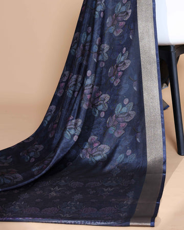 Navy Blue Art Silk Saree with Intricate Floral and Geometric Weave Pattern