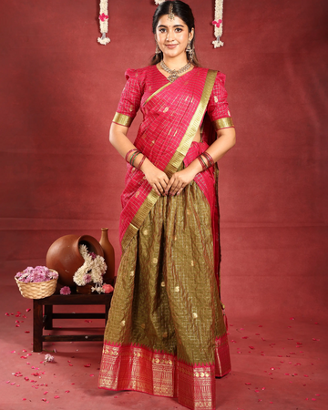 Women’s Semi Stitched Dhavani Set with Zari Checks Blouse Embellished Border and Traditional Woven Skirt - Pink & Olive Green