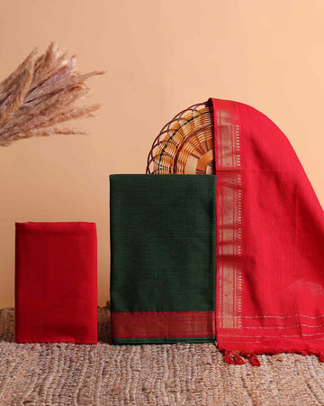 Women's Ethnic Cotton Handloom Unstitched Salwar Suit Set Top 2.5m, Pant 2m, Dupatta 2.25m with Zari Border - Emerald Green