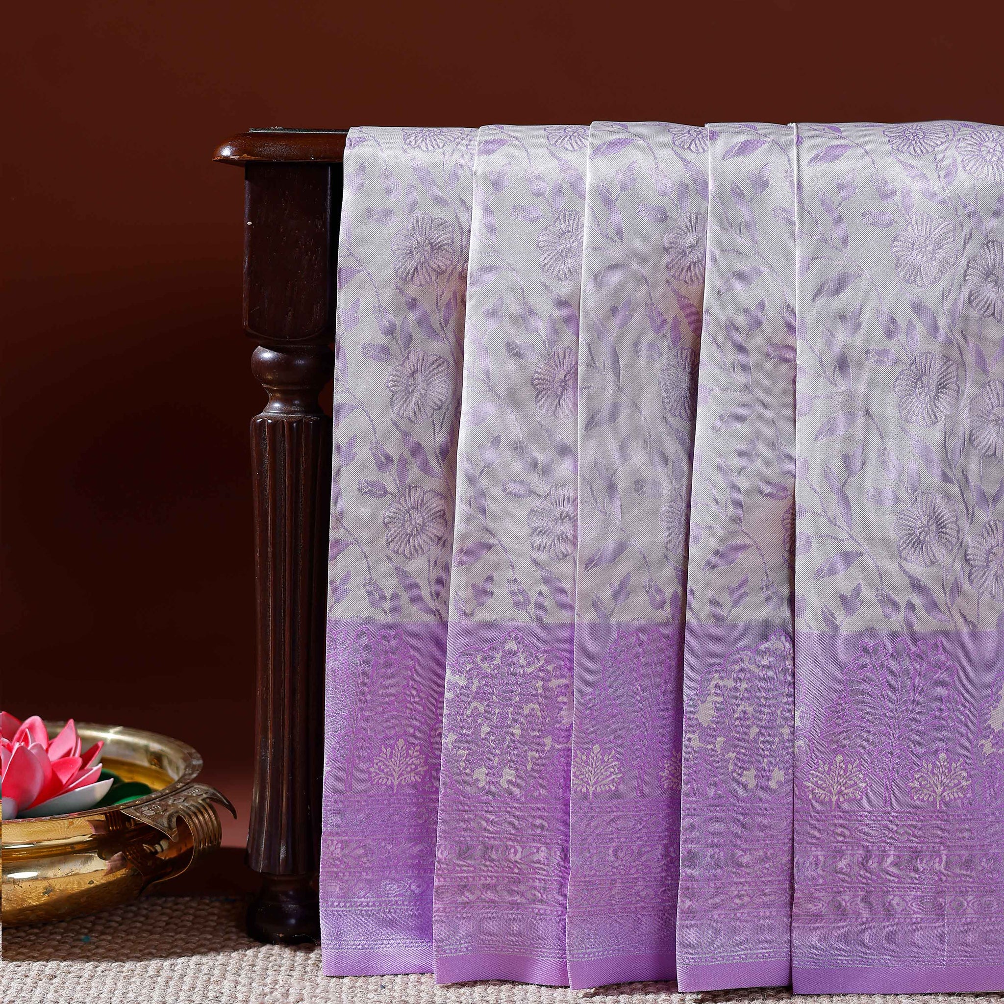 Elegant Litchi Silk Saree with Intricate Zari Woven Motifs and Elaborate Border Design - Lavender