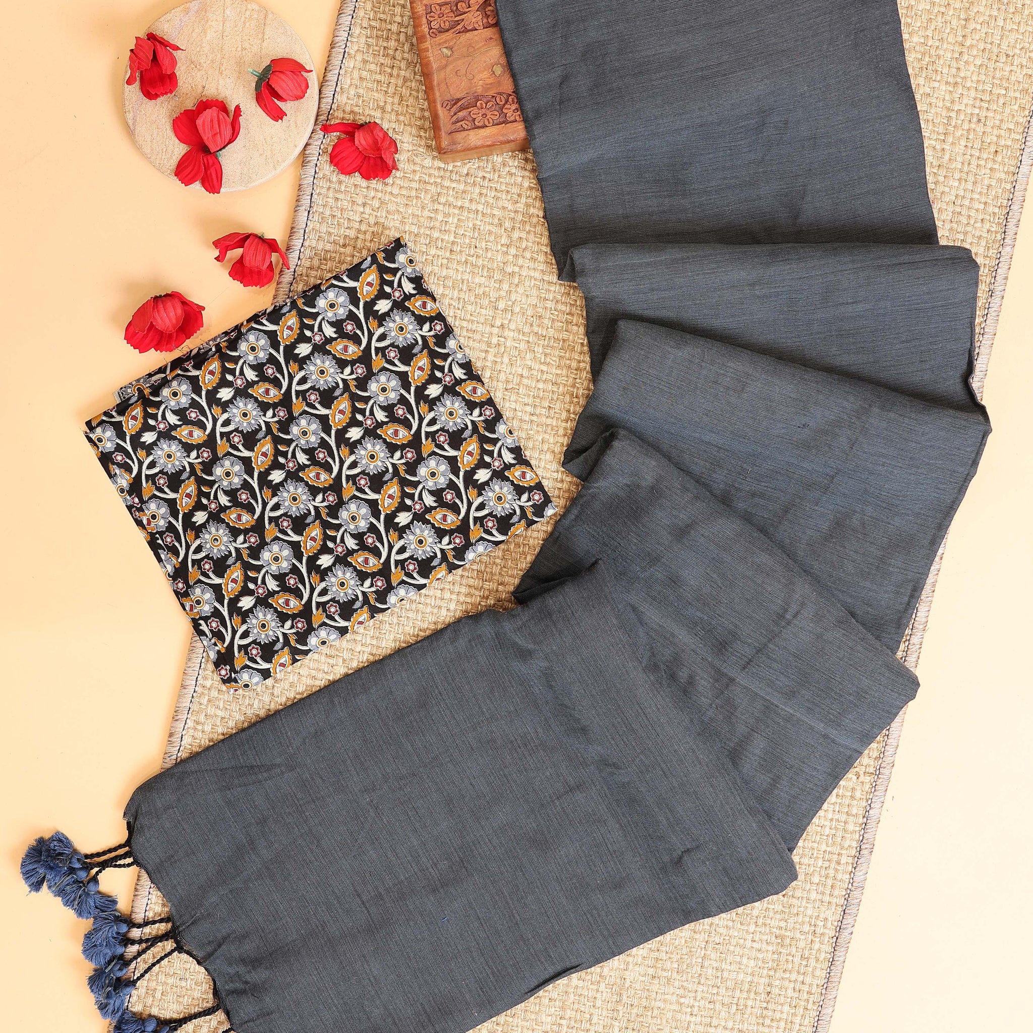 Handwoven Khadi Cotton Saree with Contrast Printed Blouse and Tassel Accents - Grey