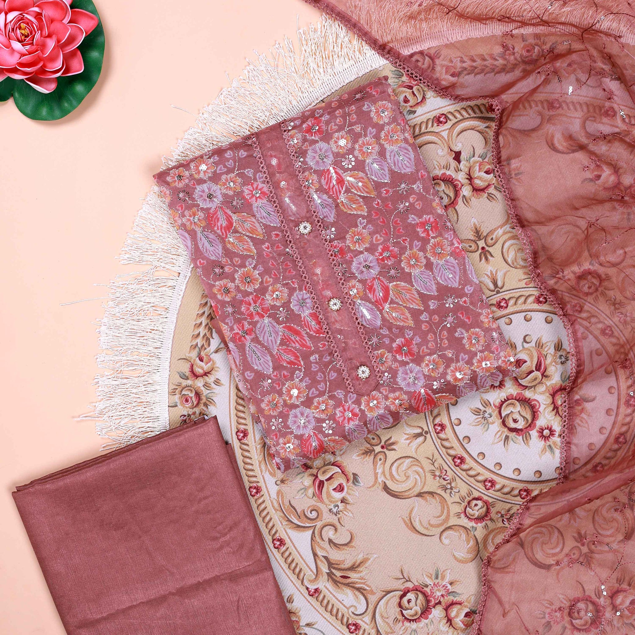 Women's Floral Embroidered Salwar Suit Material with Beaded Neckline and Net Dupatta - Brown