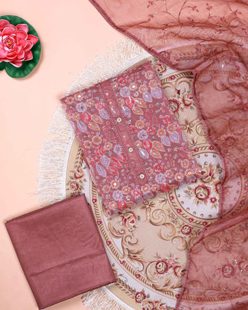 Women's Floral Embroidered Salwar Suit Material with Beaded Neckline and Net Dupatta - Brown
