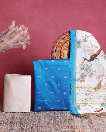 Women’s Unstitched Salwar Suit Material Set with Woven Butti Top 2.5 Mtr, Solid Pant 2 Mtr & Floral and Bird Printed Dupatta 2.25 Mtr - Blue