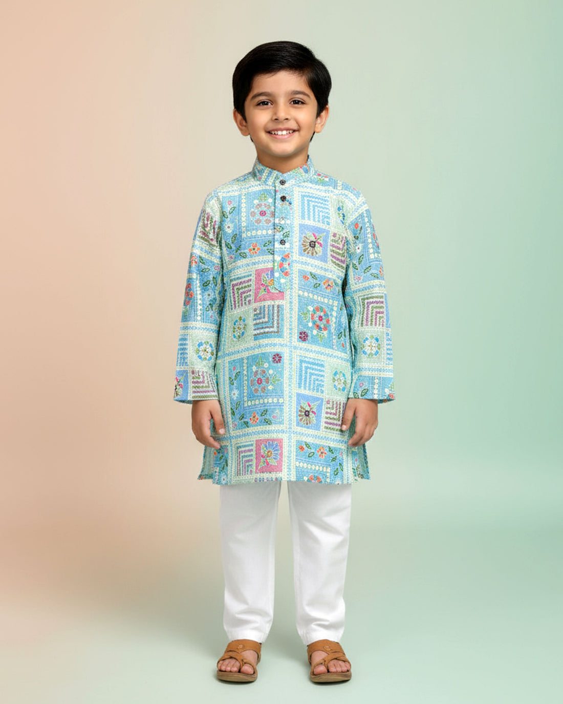 Boys green kurta adorned with traditional Bandhani-inspired patterns in red and gold., Light Green