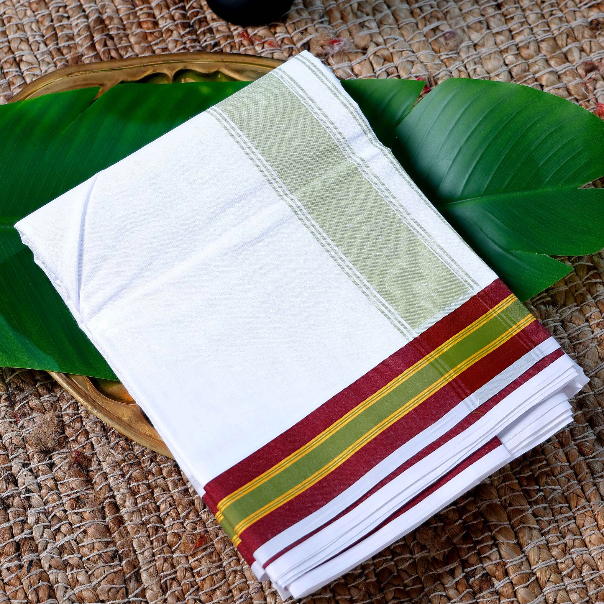 Men’s Cotton Dhoti with Multi Colour Border - White