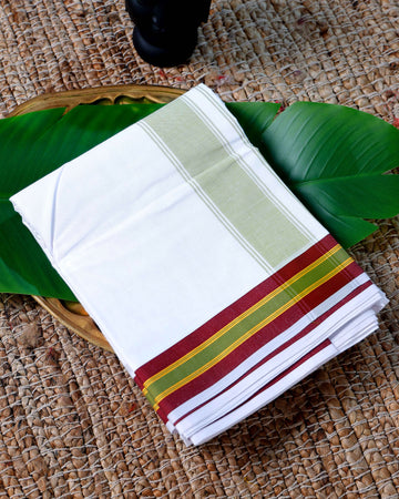 Men’s Cotton Dhoti with Multi Colour Border - White
